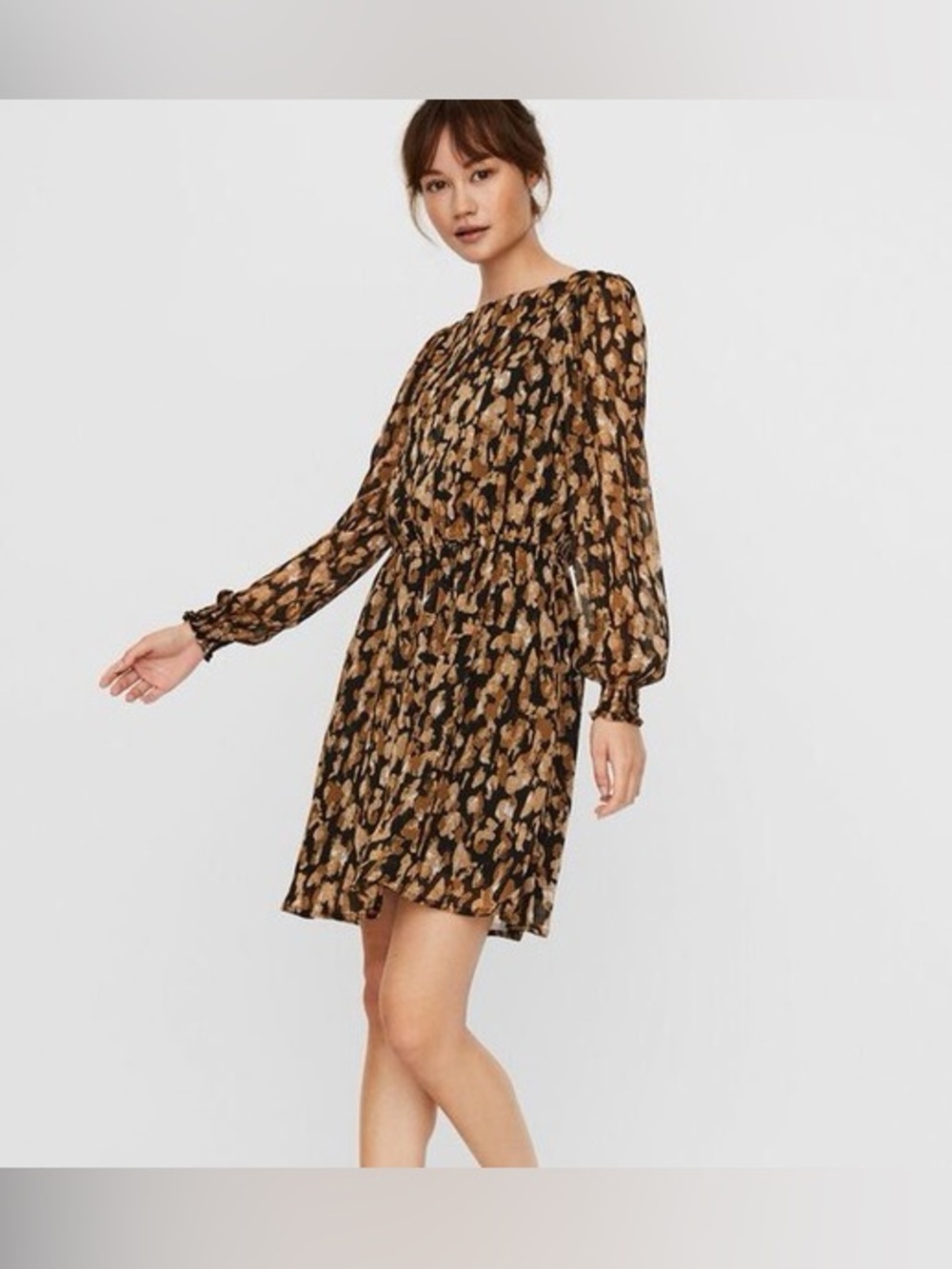 Aware by Vera Moda Long Sleeve Brown Printed Mini Dress